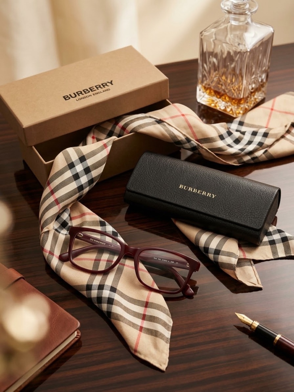Burberry Women’s Eyeglasses in Burgundy with Black Leather Case
